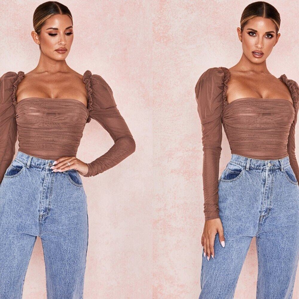 House of CB Emme Mocha Ruched Chiffon Puff Sleeve Bodysuit Size L